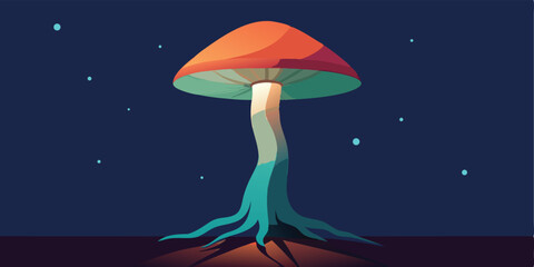 An autumn cartoon vector illustration of a mushroom resembling an umbrella in the rainy night sky, offering fun protection