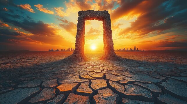 Ancient stone archway, sunset over cracked earth, city skyline beyond - Powered by Adobe