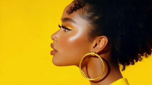 A person with curly hair poses in profile against a bright yellow background, wearing bold makeup and large earrings.