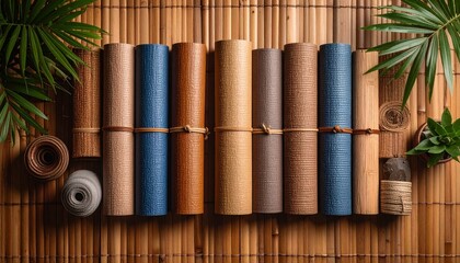 Stunning flat lay of multiple bamboo mats layered with each other on a bamboo surface