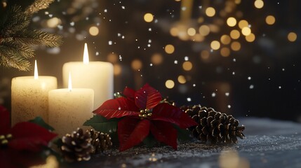 Elegant christmas still life with candles, poinsettia and falling snow