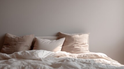Cozy white bed with pillows and soft light in a tranquil room