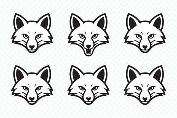 six fox head vector graphics with bold outline style for forest, woodland and predator-themed design assets