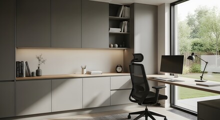 Modern home office setup with gray cabinetry and a large window overlooking a green garden space