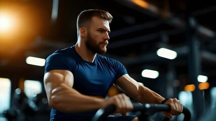 A muscular man is exercising on a rowing machine in a gym setting, focused on his workout. - Powered by Adobe