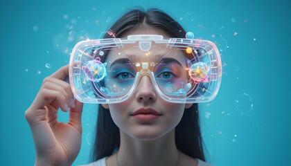 Futuristic portrait of a woman wearing transparent augmented reality glasses, envisioning advanced digital technology with floating particles and designs.