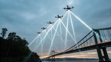 Fototapeta premium Drones illuminate a bridge with beams of light in a dramatic evening sky.