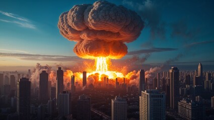 A powerful nuclear explosion engulfs a city, forming a towering mushroom cloud against the sky.