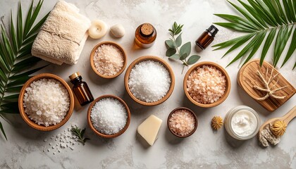 Diverse flat lay of various spa products featuring bath salts on a warm ceramic surface