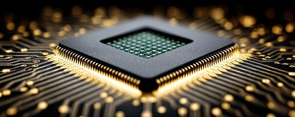 Atomic logic for hybrid processor and fast concept. Close-up of a microchip surrounded by glowing circuitry.