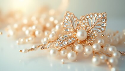Fototapeta premium Close-up of golden brooch adorned with pearls and clear gemstones on white surface