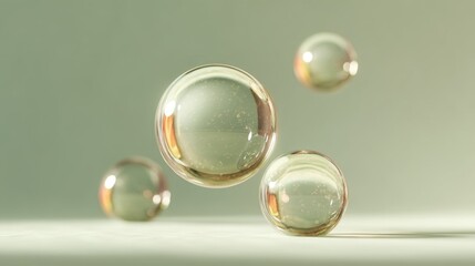 Floating translucent bubbles against a soft green background in a serene setting