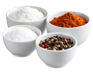 white bowls filled with a variety of vibrant spices and salts, including mixed peppercorns, red chili powder, and different grinds of white salt.