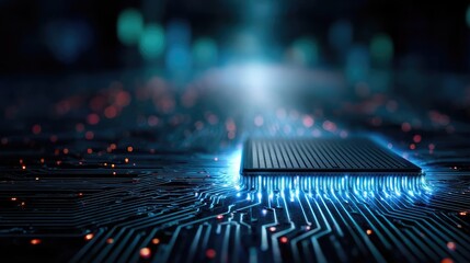 Atomic logic for hybrid processor and fast concept. Close-up view of a circuit board with a glowing microchip installed.
