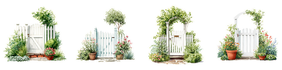Fototapeta premium Watercolor Garden Gate Collection, Cottage Style Entrance Illustration
