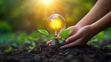 Hands planting glowing lightbulb sprout in rich soil, sunrise background; eco-concept