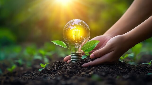 Hands planting glowing lightbulb sprout in rich soil, sunrise background; eco-concept