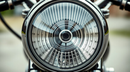 Close-up of a vintage motorcycle headlight reflecting the open road