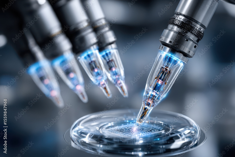 Poster advanced robotic arms assembling intricate microchips in a high-tech laboratory setting