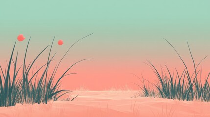 Serene Beachscape with Poppies and Grass in Pastel Hues, Minimalist Art