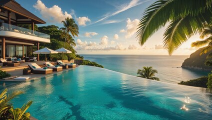 Fototapeta premium An idyllic infinity pool and luxury villa offering breathtaking ocean views and tranquility.