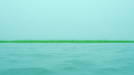 Serene Aqua Landscape: Green Grass Meets Gentle Water, Minimalist Horizon