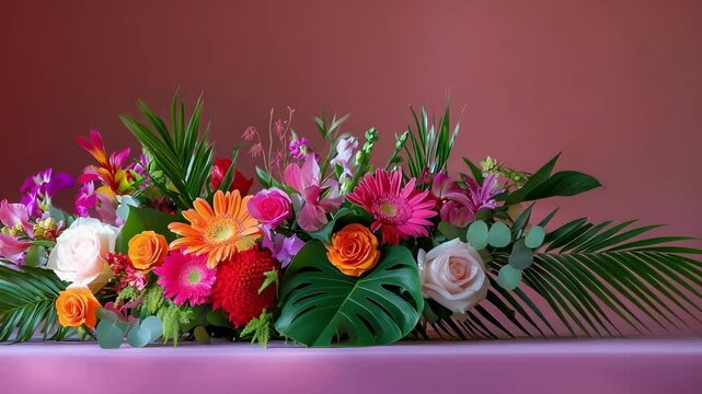 A vibrant floral arrangement featuring a mix of colorful flowers and greenery against a soft background.