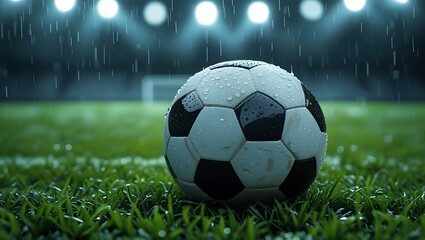 Fototapeta premium Soccer ball on wet grass under stadium lights during a rain shower