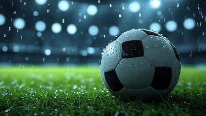 Fototapeta premium Soccer ball on wet grass with rain and stadium lights in the background