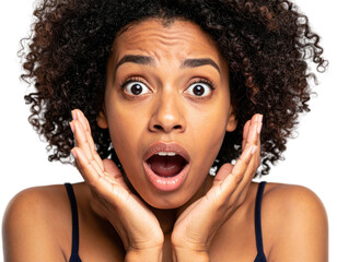 Portrait of surprised young woman with curly hair showing shocked facial expression with hands framing face against white background