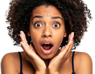 Portrait of surprised young woman with curly hair showing shocked facial expression with hands framing face against white background