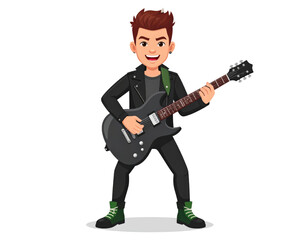 Naklejka premium A vibrant cartoon man in a black leather jacket enthusiastically plays an electric guitar, embodying rock and roll energy.