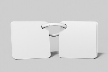 two rounded square flash card mockup template with ring hook isolated standing front view 3d render illustration