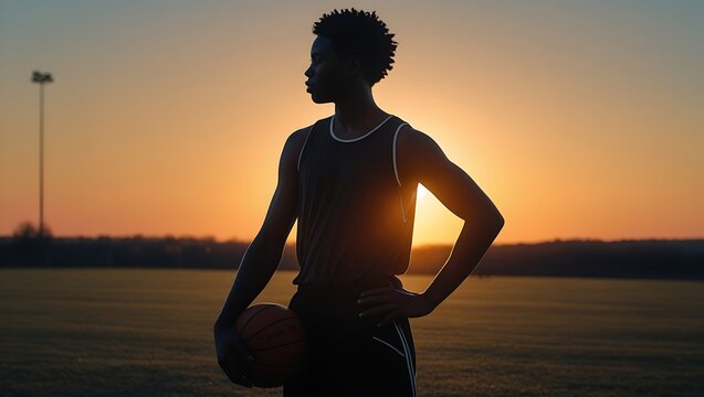 Young basketball player in silhouette holding ball at sunset on outdoor court - Powered by Adobe