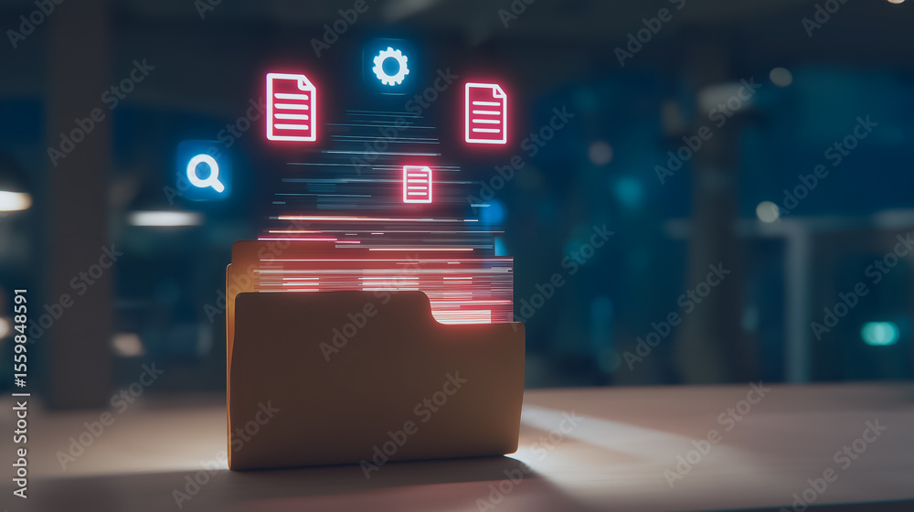 Poster digital folder: a captivating visual of a digital folder, illuminated by glowing icons and data stre