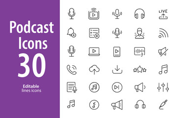 Podcast Line Icons, Microphone, Headphones, Streaming, Recording, Audio Wave, Playlist, and More , Editable Formats: AI, EPS, JPG, PNG , Ideal for Both Digital and Print Use