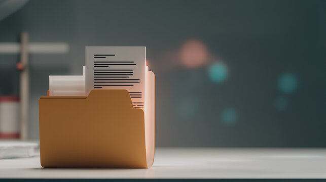Office File Folder with Documents: A yellow file folder sits on a desk, containing important documents, suggesting organization and efficiency in a modern workplace.