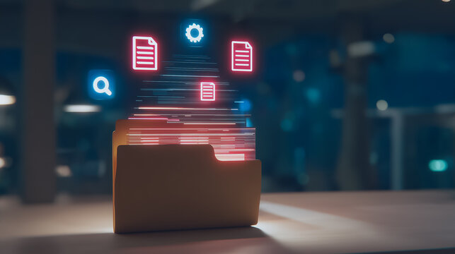 Digital Folder: A captivating visual of a digital folder, illuminated by glowing icons and data streams, symbolizing modern information management and data organization.
