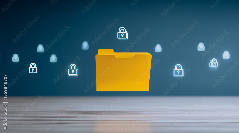 Poster digital data security: a visual representation of cybersecurity, featuring a secure folder icon surr