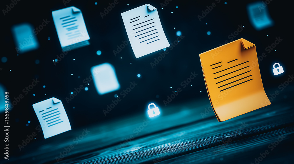 Poster secure digital documents: a conceptual image of floating documents, representing data security, with