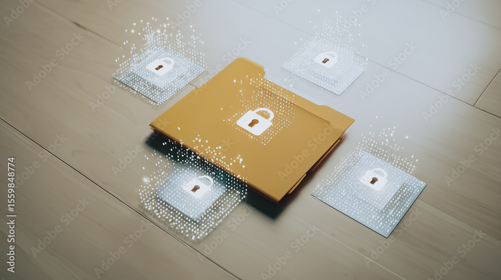 Poster protected data: a conceptual representation of data security, showcasing a secure file folder surrou