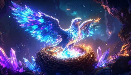 Obraz premium Majestic bird nestled in a gem with fiery background creating a fantasy scene