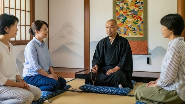 Zen Meditation Session with Three People Practicing Zazen in Tatami Room