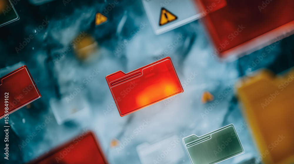 Poster cybersecurity threat: red folder symbol highlighting a critical vulnerability within a network of fi