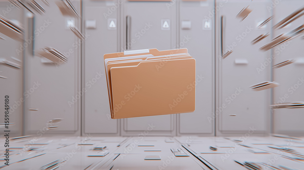 Poster file folder in motion: a file folder hovers dynamically amid a flurry of paper documents in a high-t