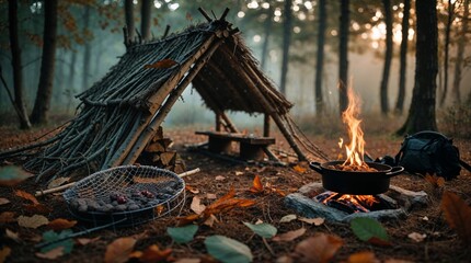 A tranquil campsite scene with a campfire burning in a serene forest setting.