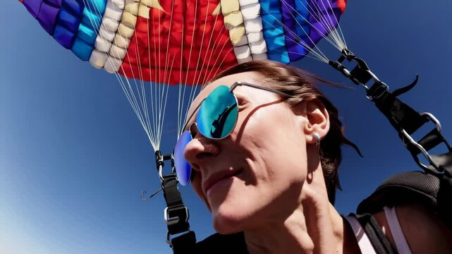 Joyful parachutist captures breathtaking skydiving moment above beautiful landscape