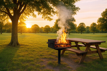 Grilling fire picnic table park sunset barbecue smoke
