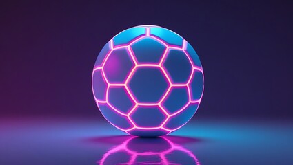 Fototapeta premium Futuristic glowing soccer ball with neon pink and blue light on dark reflective surface