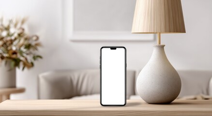 Stylish Desk with Phone, Lamp and Decor Elements